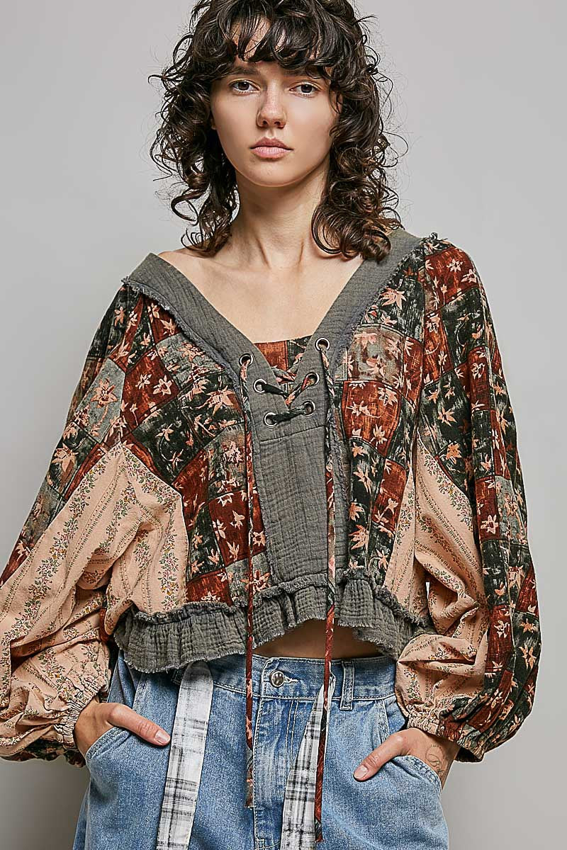 Nell Lace-Up Patchwork Top
