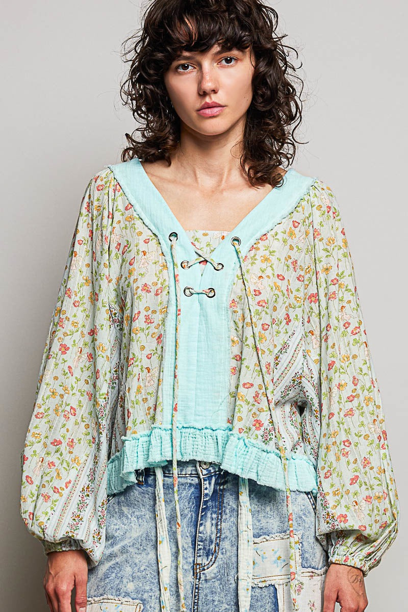 Nell Lace-Up Patchwork Top