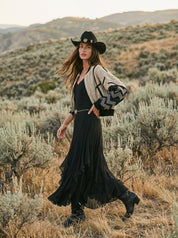 Nocturne Lace V-Neck Cascading Maxi Dress