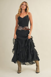 Nocturne Lace V-Neck Cascading Maxi Dress