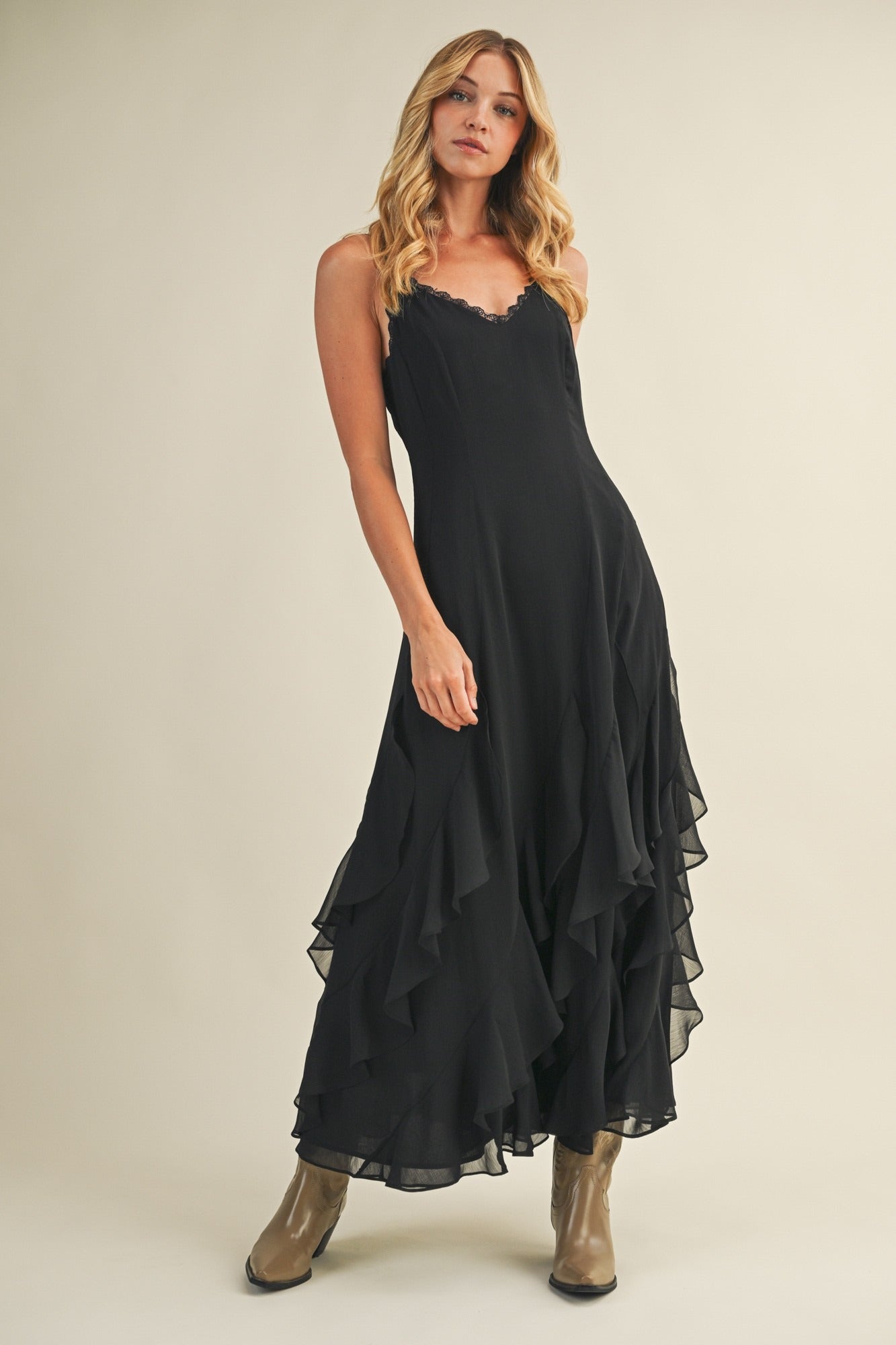 Nocturne Lace V-Neck Cascading Maxi Dress