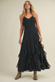 Nocturne Lace V-Neck Cascading Maxi Dress