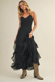 Nocturne Lace V-Neck Cascading Maxi Dress