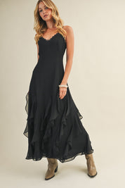 Nocturne Lace V-Neck Cascading Maxi Dress