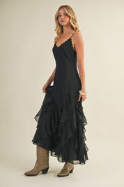 Nocturne Lace V-Neck Cascading Maxi Dress