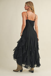 Nocturne Lace V-Neck Cascading Maxi Dress