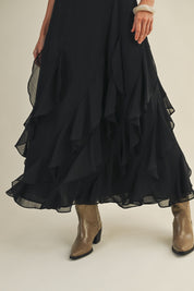 Nocturne Lace V-Neck Cascading Maxi Dress