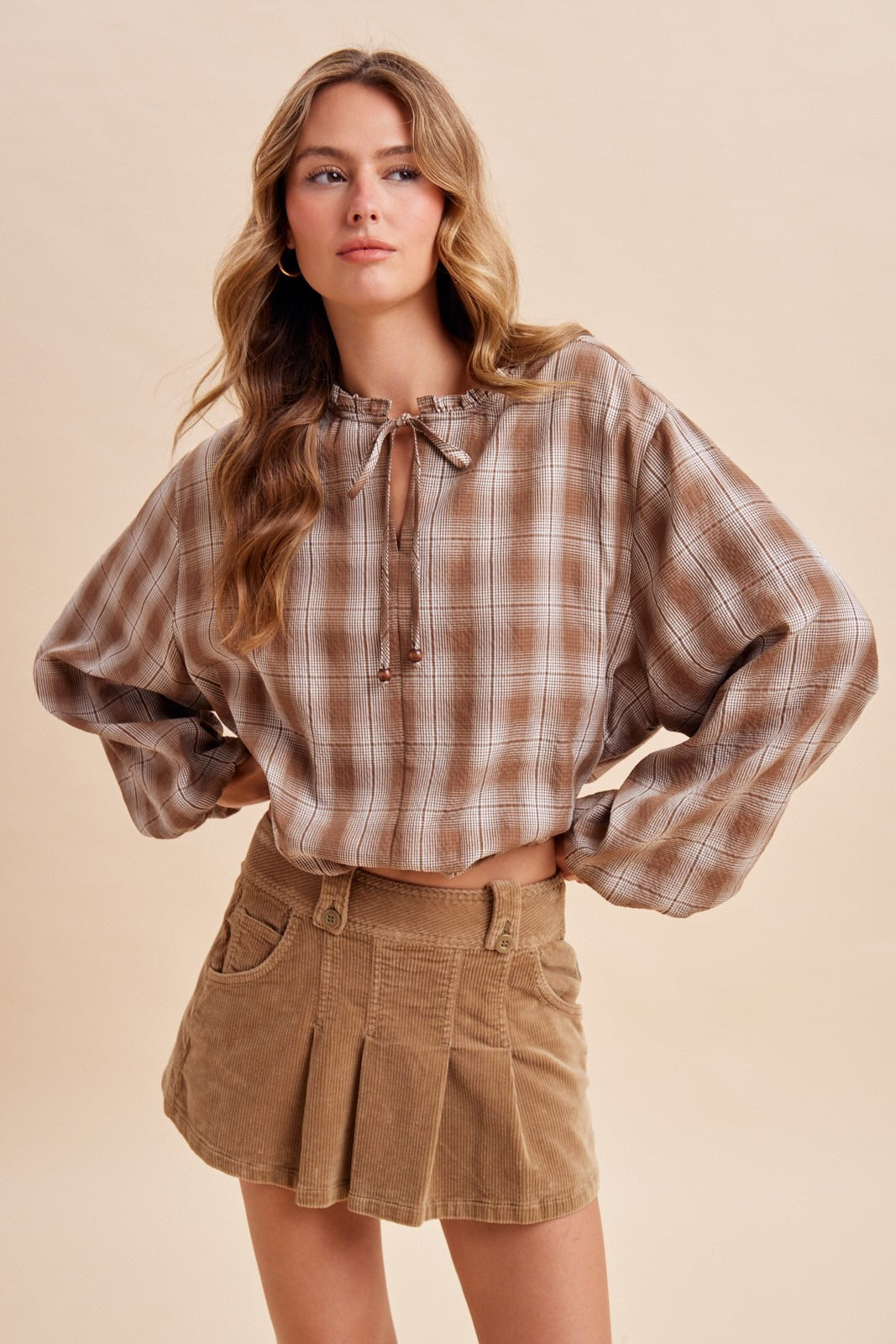 Oak & Ember Ruched Sleeve Plaid Blouse