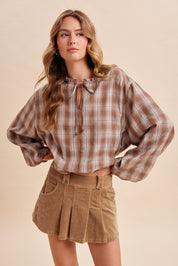 Oak & Ember Ruched Sleeve Plaid Blouse