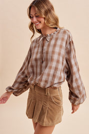Oak & Ember Ruched Sleeve Plaid Blouse
