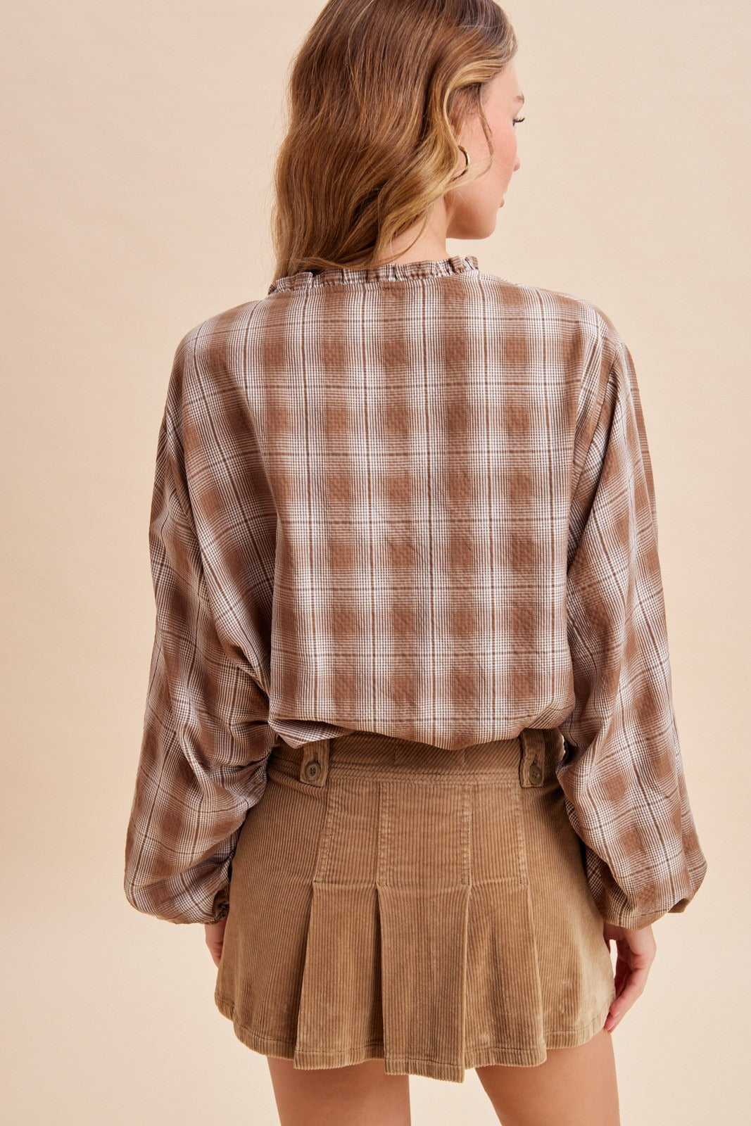 Oak & Ember Ruched Sleeve Plaid Blouse