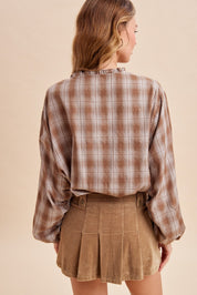 Oak & Ember Ruched Sleeve Plaid Blouse