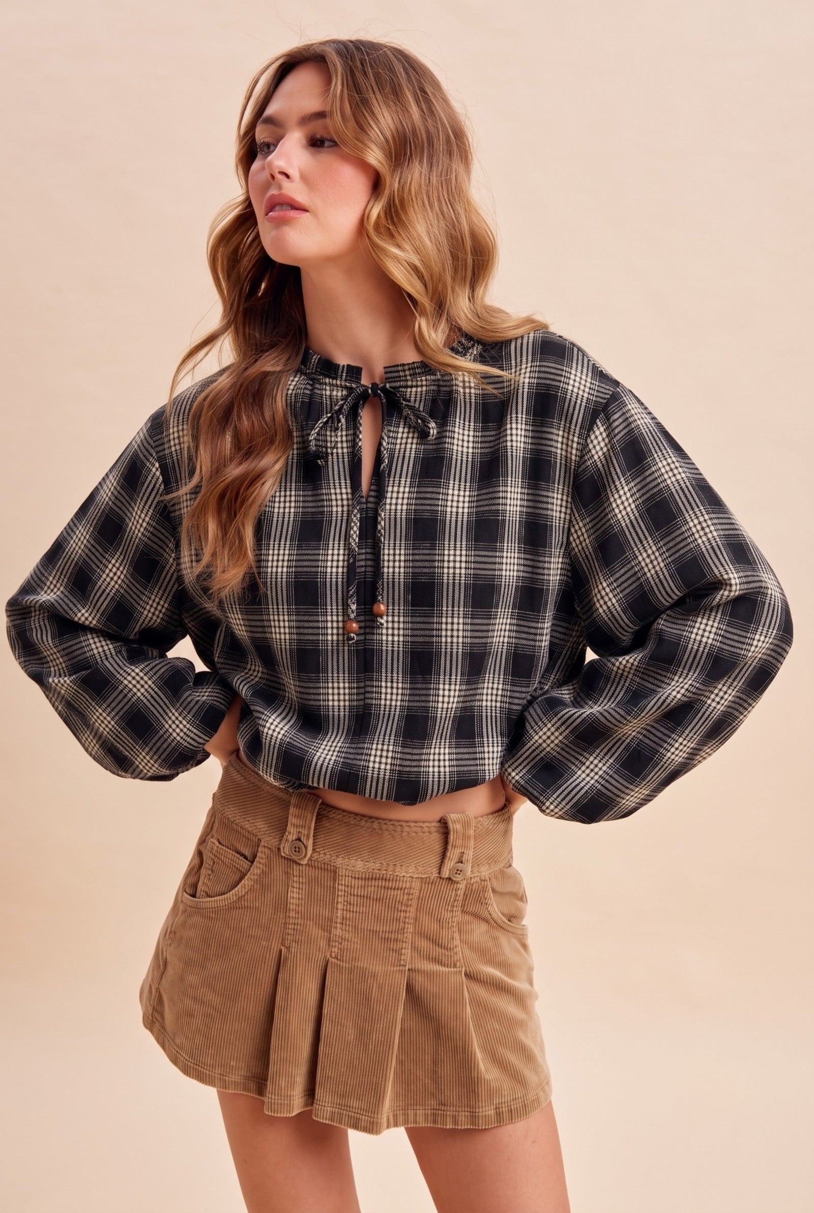 Oak & Ember Ruched Sleeve Plaid Blouse
