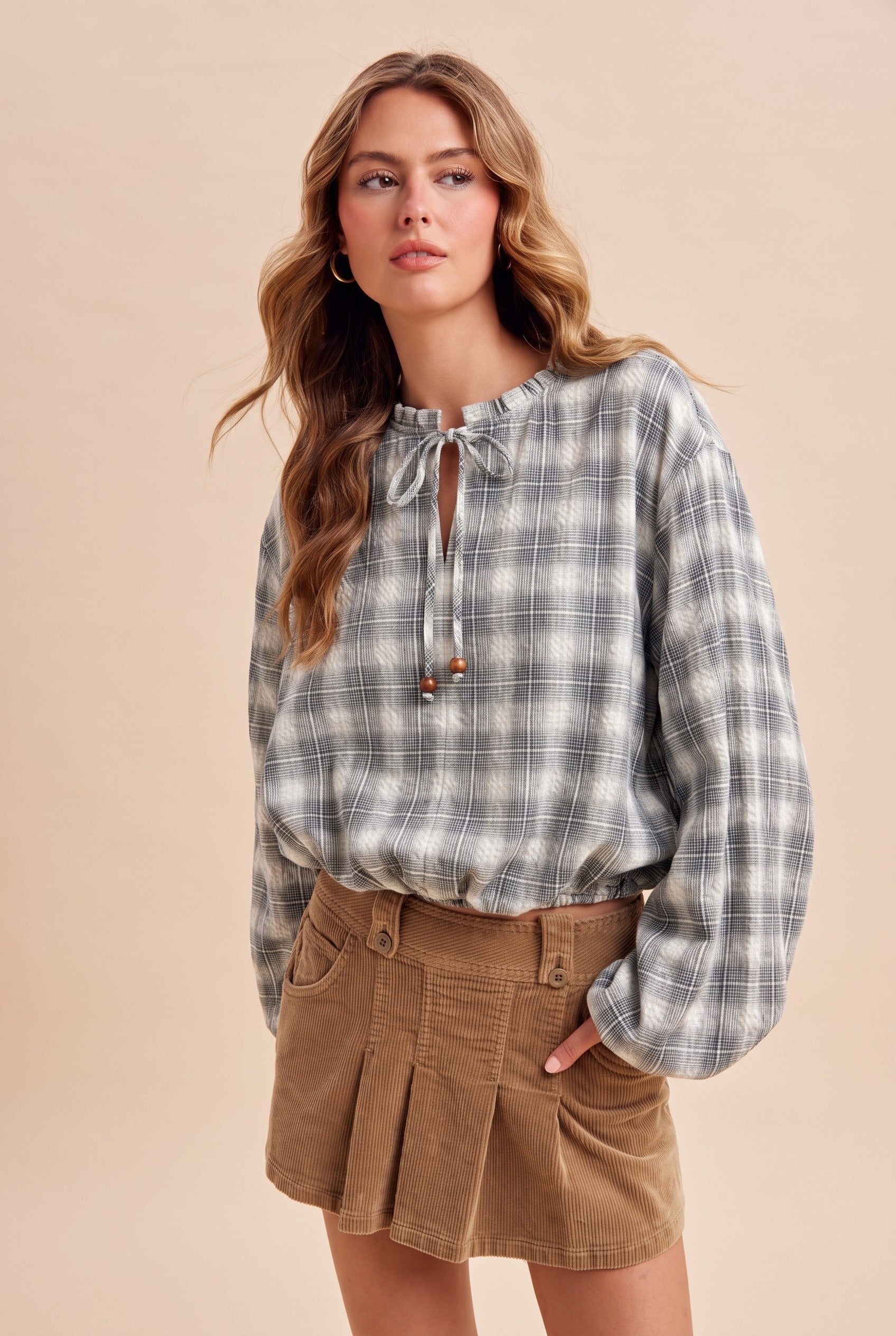 Oak & Ember Ruched Sleeve Plaid Blouse