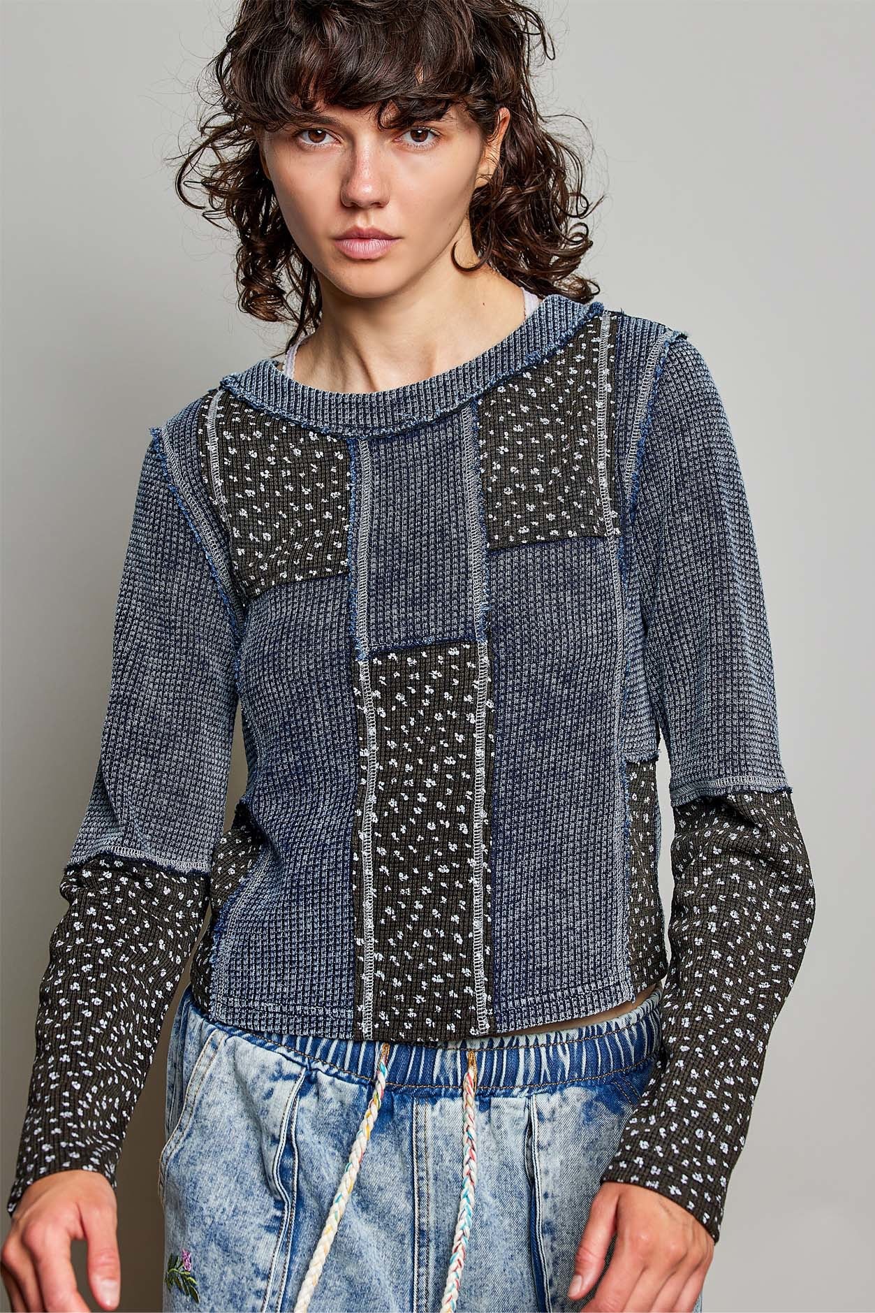 Odd Ends Waffle Knit Patchwork Top