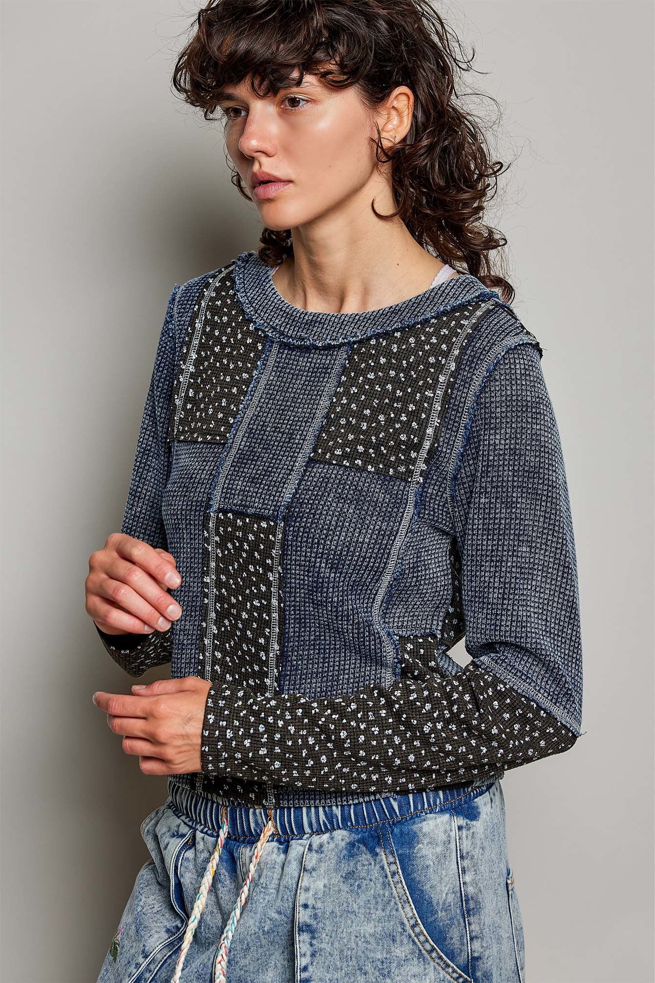 Odd Ends Waffle Knit Patchwork Top