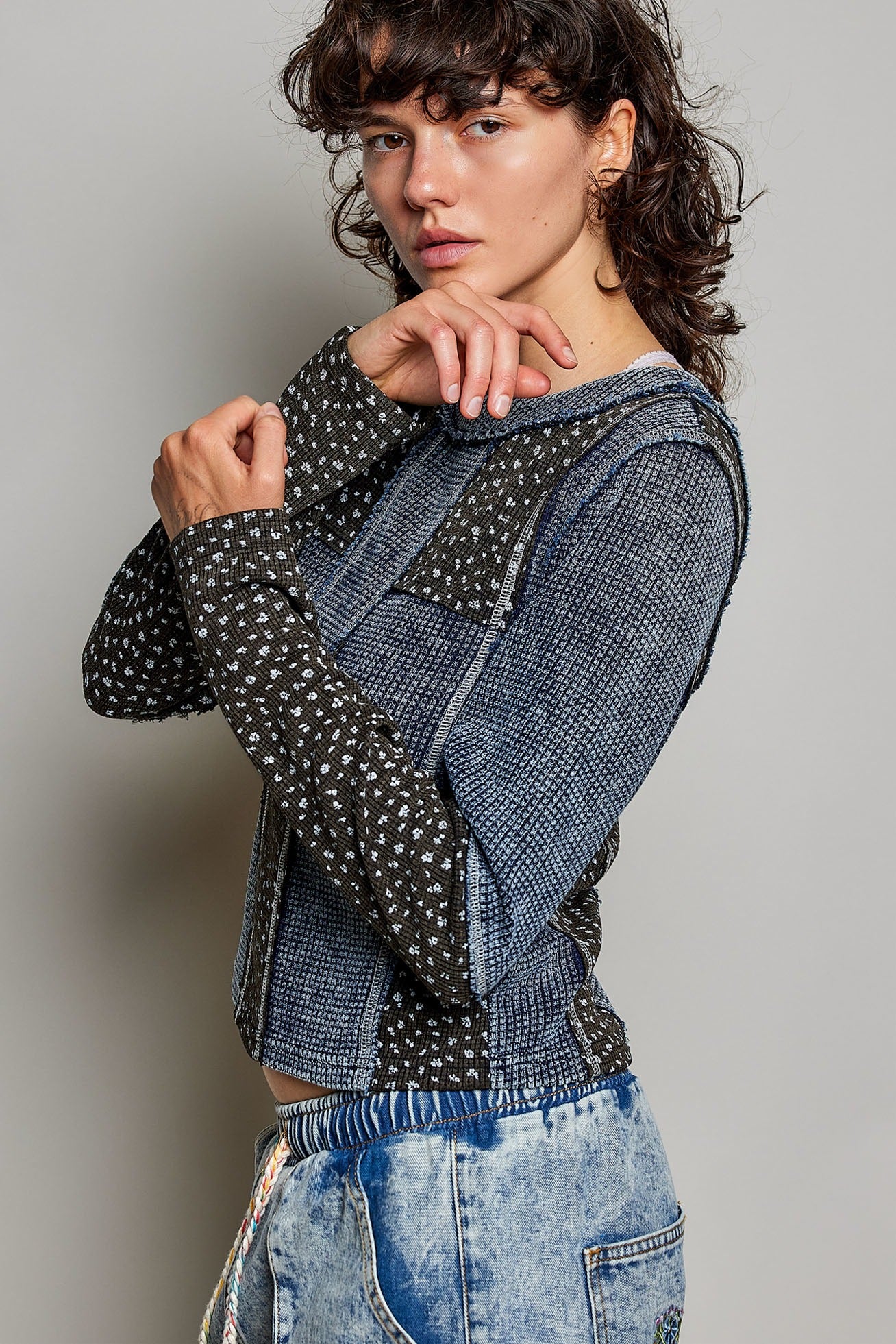 Odd Ends Waffle Knit Patchwork Top