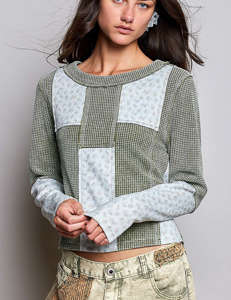 Odd Ends Waffle Knit Patchwork Top