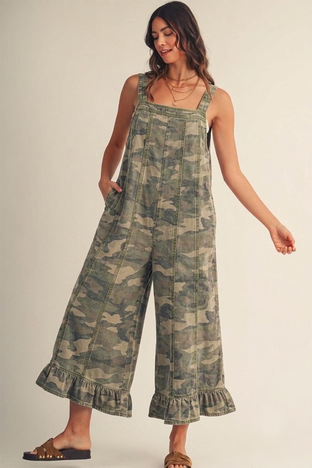 Outlaw Camo Ruffle Hem Wide Leg Jumpsuit