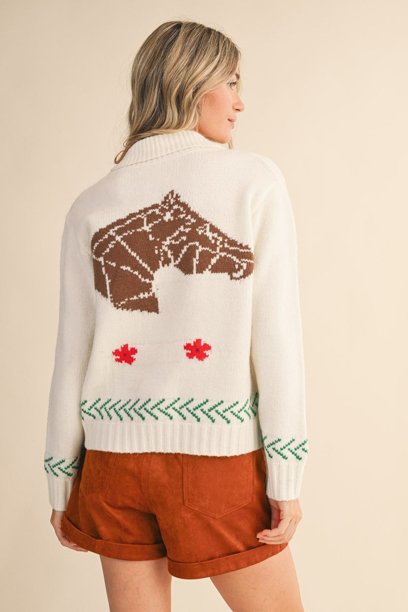 Paradise Canyon Horse Motif Knit Zip Sweater