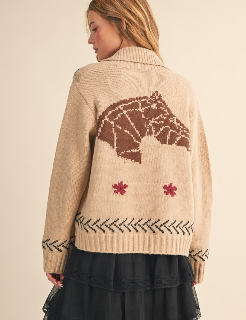 Paradise Canyon Horse Motif Knit Zip Sweater