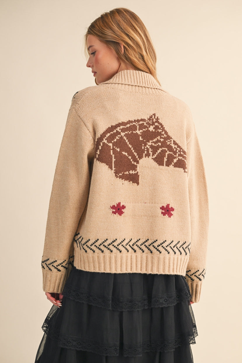 Paradise Canyon Horse Motif Knit Zip Sweater