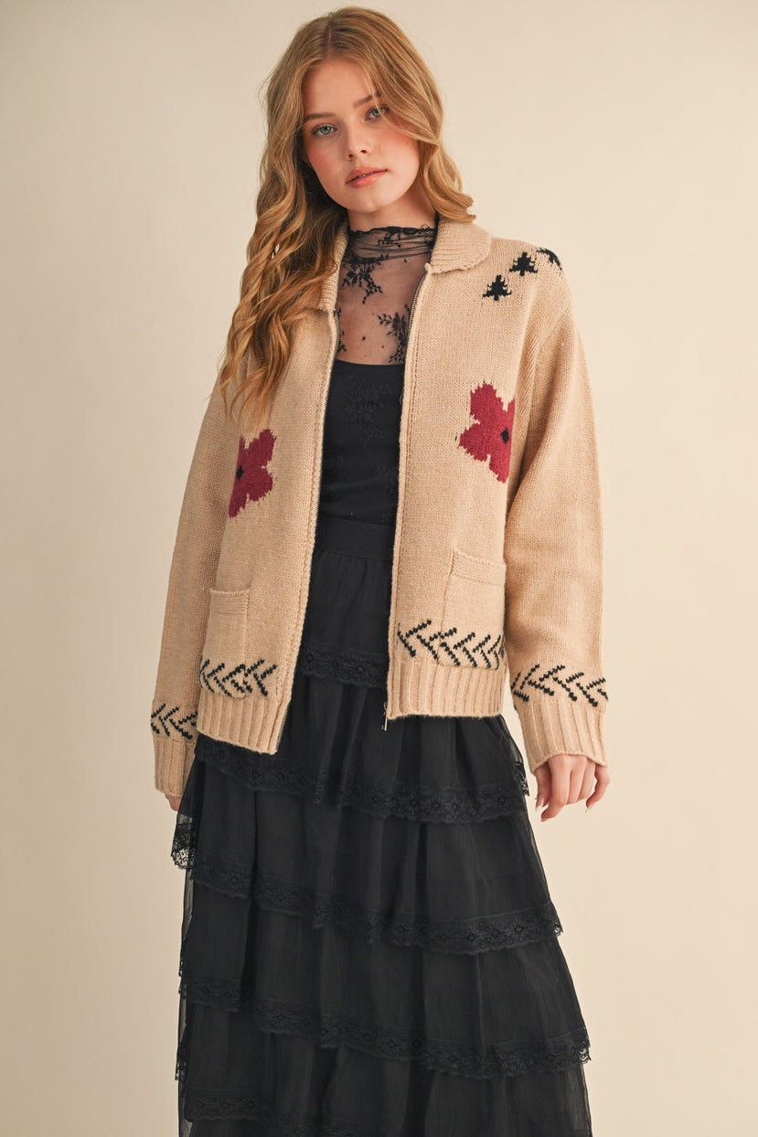 Paradise Canyon Horse Motif Knit Zip Sweater