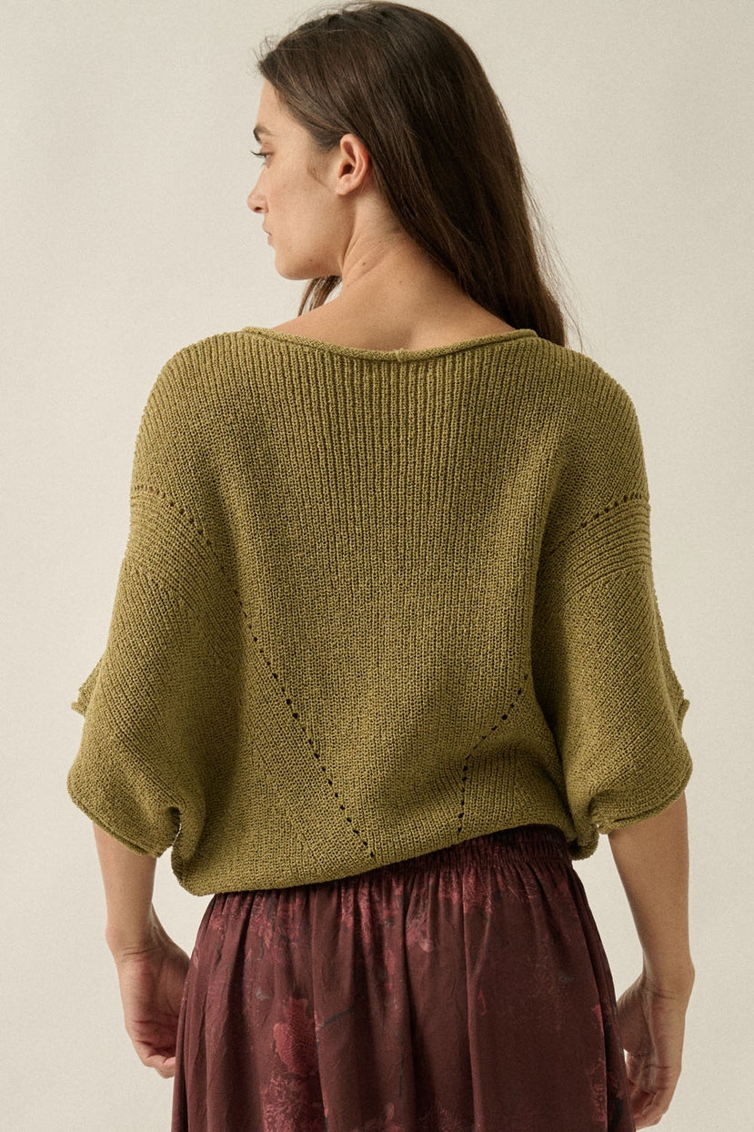 Pearce Short-Sleeve Pointelle Ribbed Knit Sweater