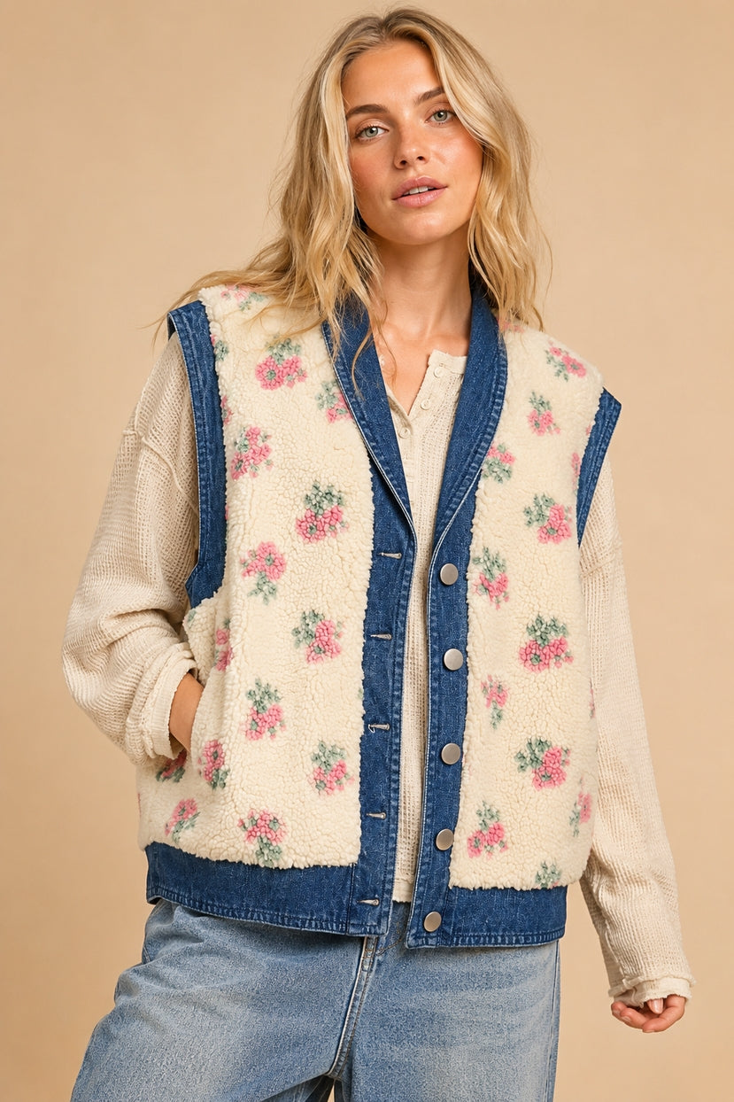 Petaluma Floral Print Denim Sherpa Teddy Vest