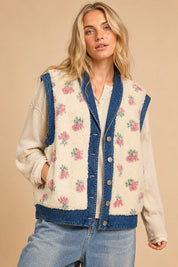 Petaluma Floral Print Denim Sherpa Teddy Vest