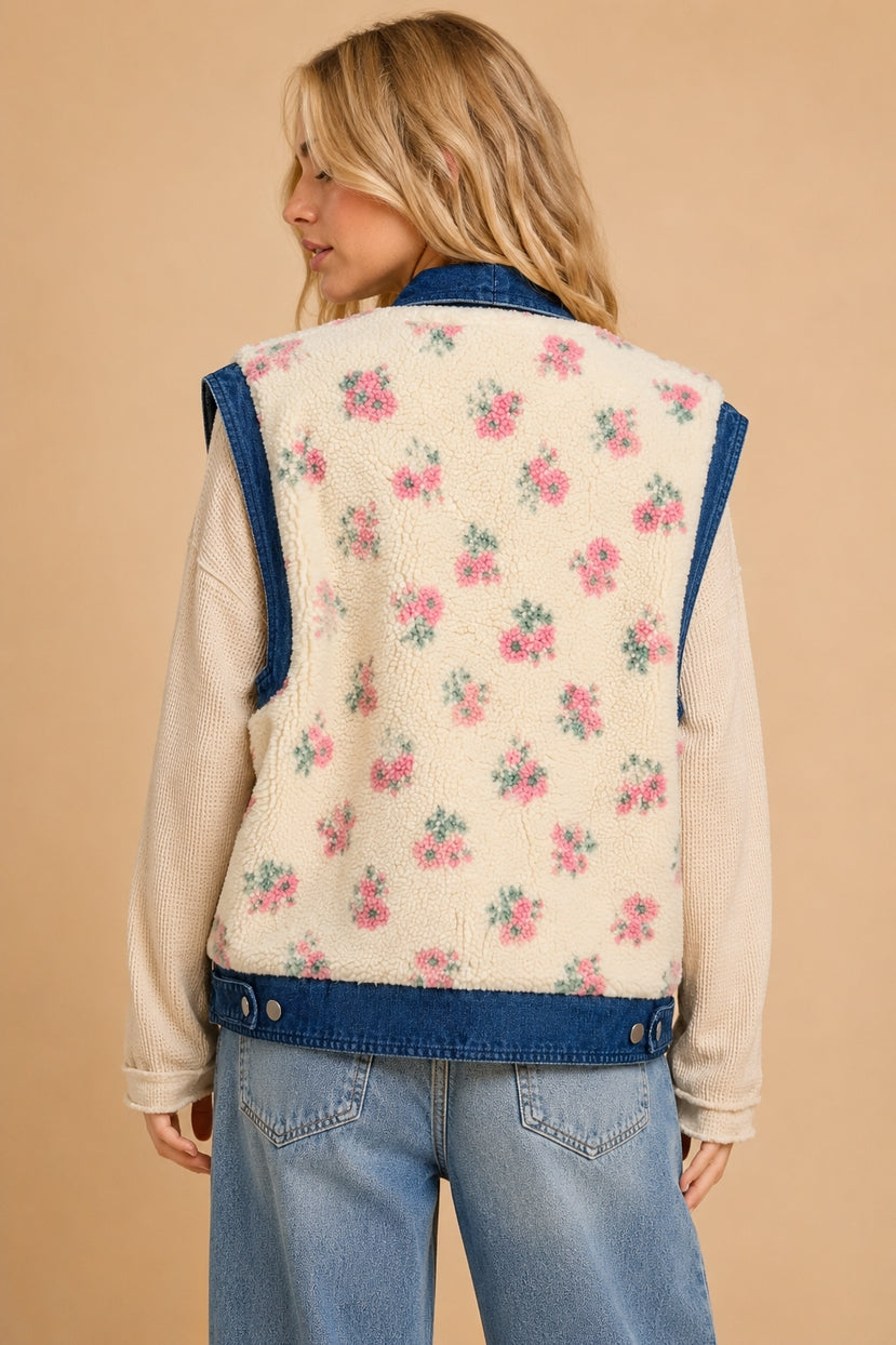 Petaluma Floral Print Denim Sherpa Teddy Vest