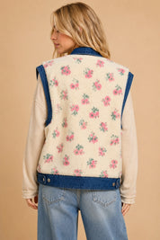 Petaluma Floral Print Denim Sherpa Teddy Vest