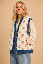 Petaluma Floral Print Denim Sherpa Teddy Vest