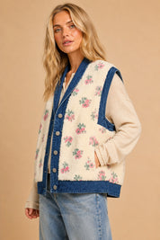Petaluma Floral Print Denim Sherpa Teddy Vest