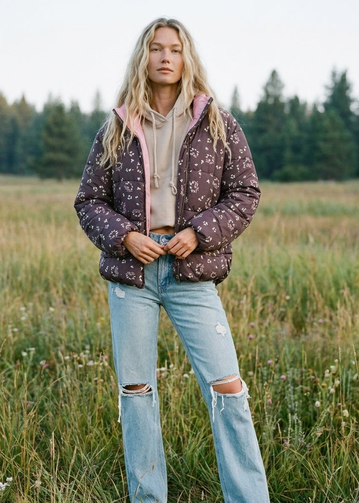 Posy Bow Print Puffer Jacket