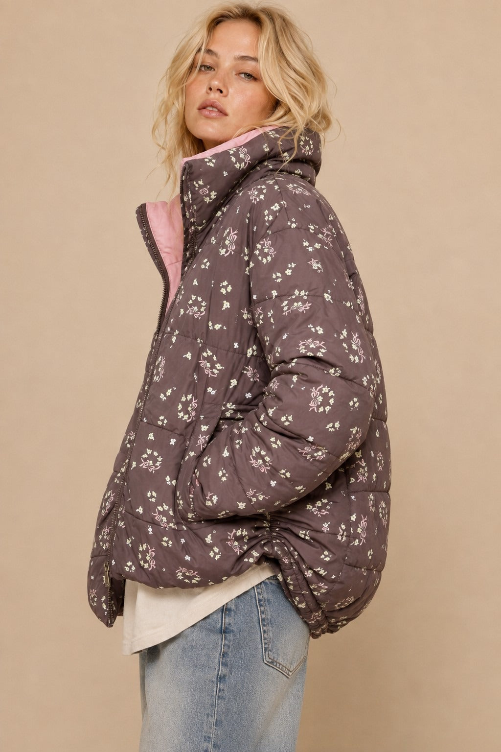 Posy Bow Print Puffer Jacket