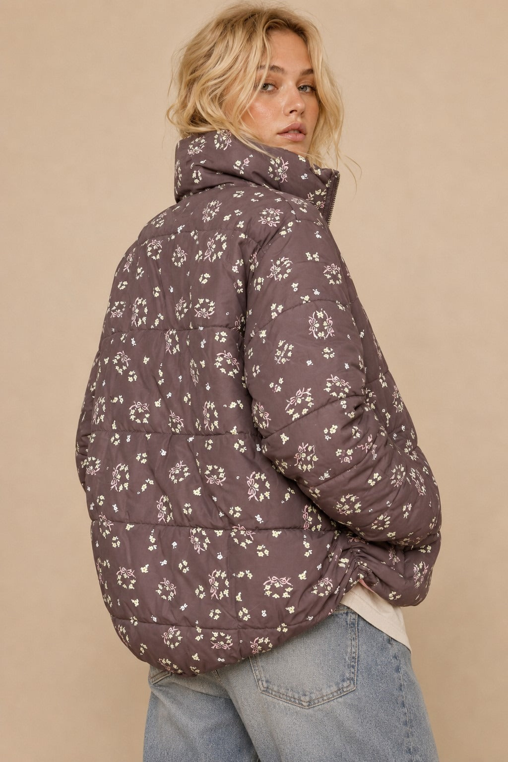 Posy Bow Print Puffer Jacket