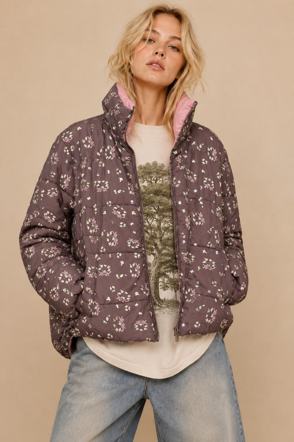 Posy Bow Print Puffer Jacket