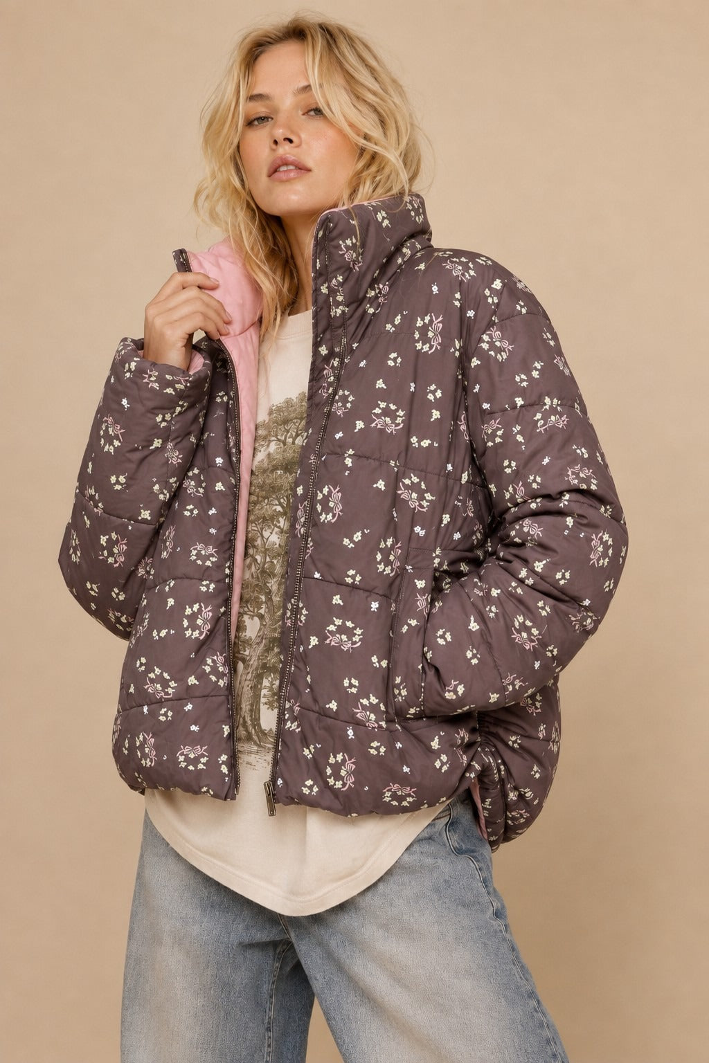 Posy Bow Print Puffer Jacket