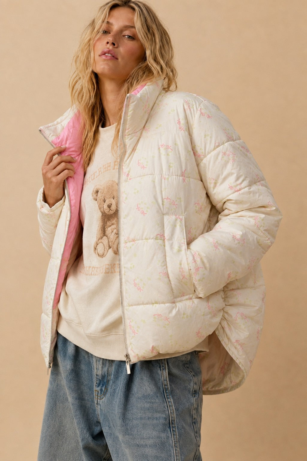 Posy Bow Print Puffer Jacket