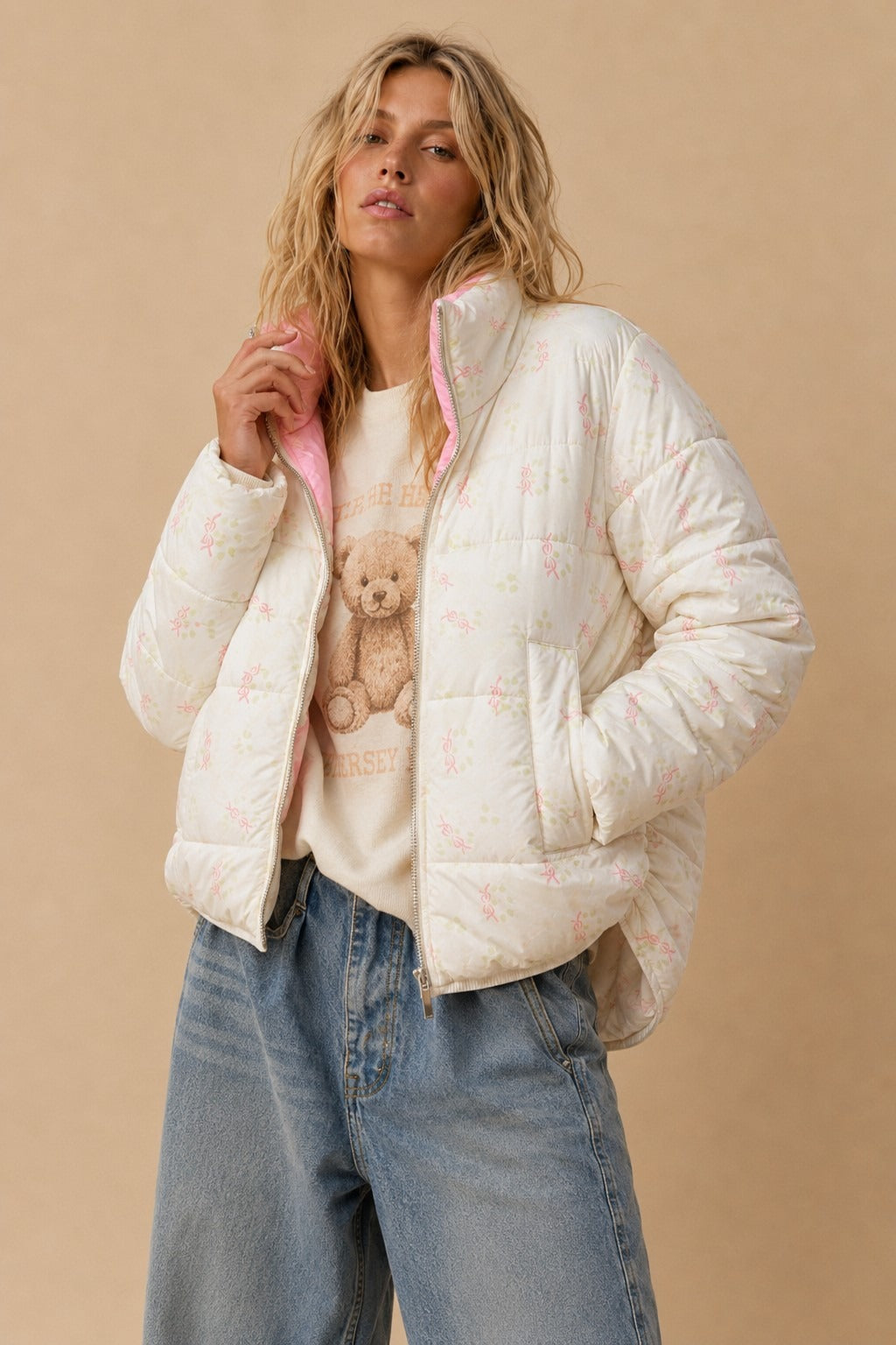 Posy Bow Print Puffer Jacket