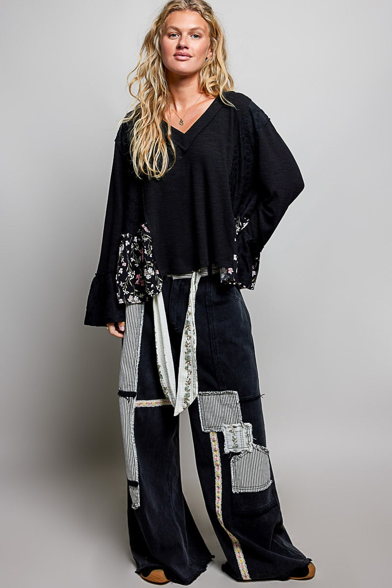 Pressed Flowers V-Neck Lace Patch Top