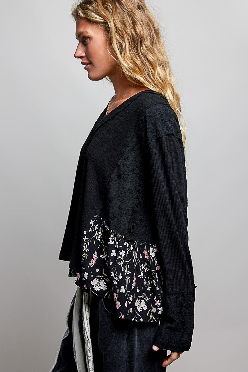 Pressed Flowers V-Neck Lace Patch Top
