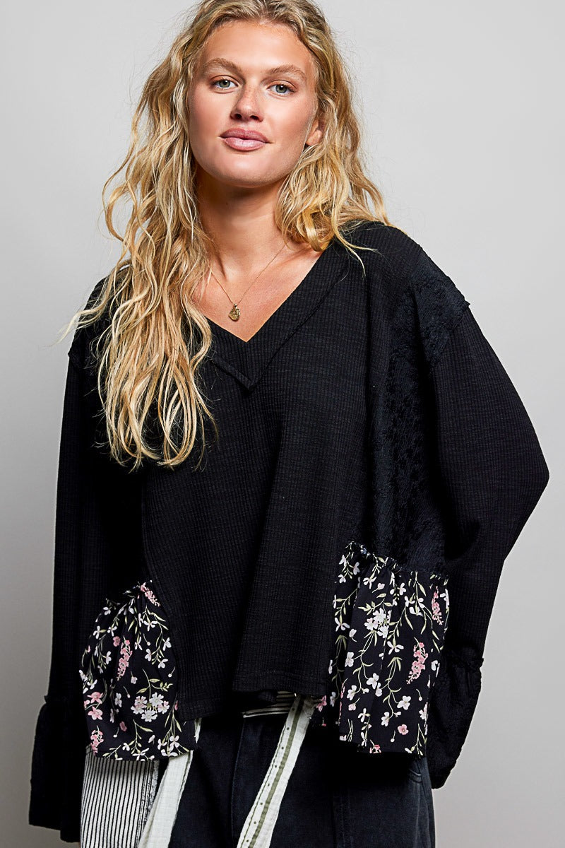 Pressed Flowers V-Neck Lace Patch Top