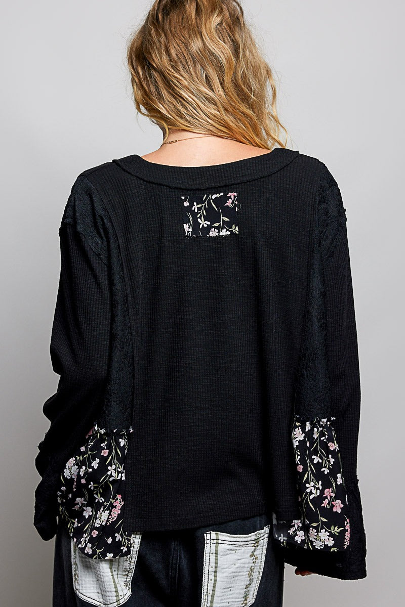 Pressed Flowers V-Neck Lace Patch Top