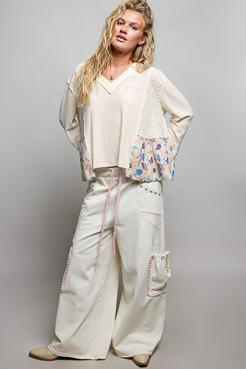 Pressed Flowers V-Neck Lace Patch Top
