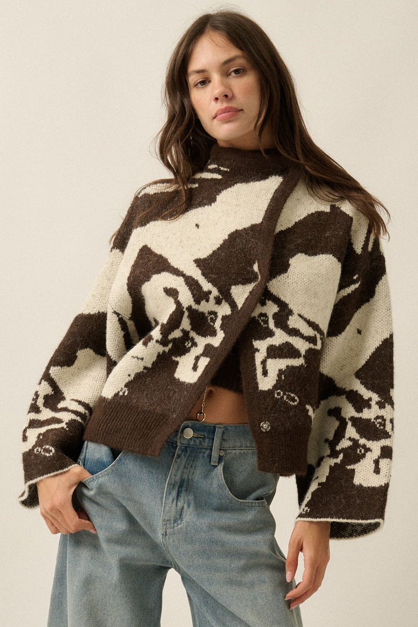 Rainier Abstract Jacquard-Knit High-Collar Offset Sweater