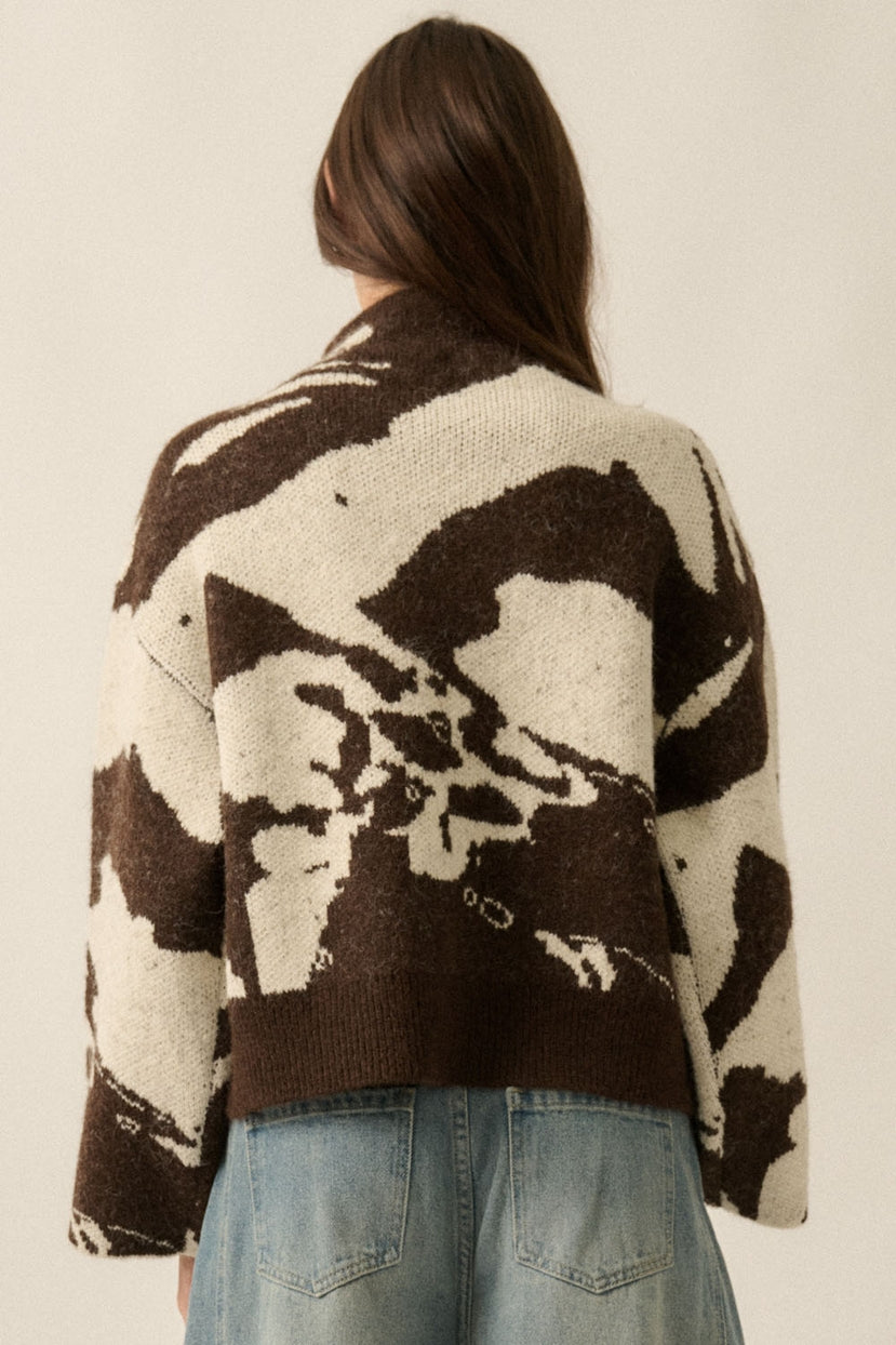Rainier Abstract Jacquard-Knit High-Collar Offset Sweater