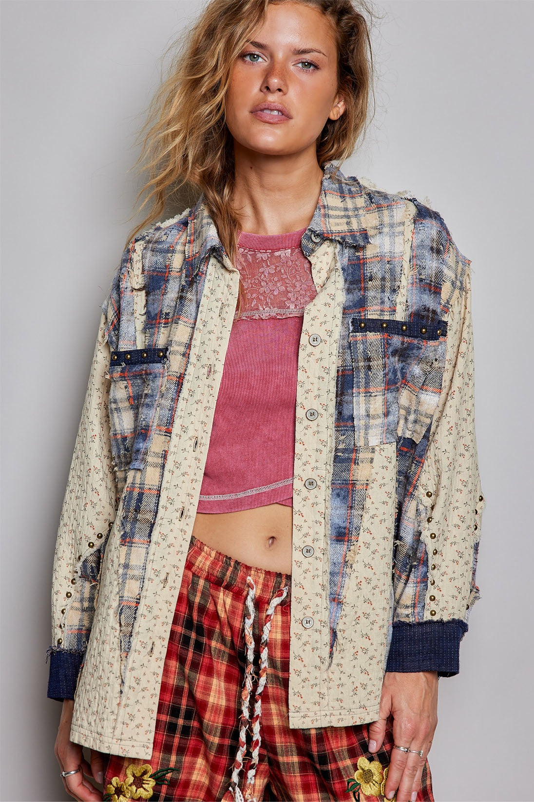 Renegade Mixed Print Studded Shacket