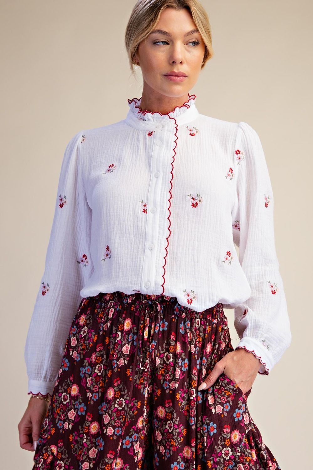 Roslyn Embroidered Cotton Gauze Blouse